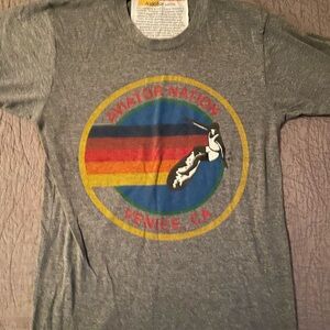 Aviator Nation Gray Tee with Yellow and Orange Tag Graphic